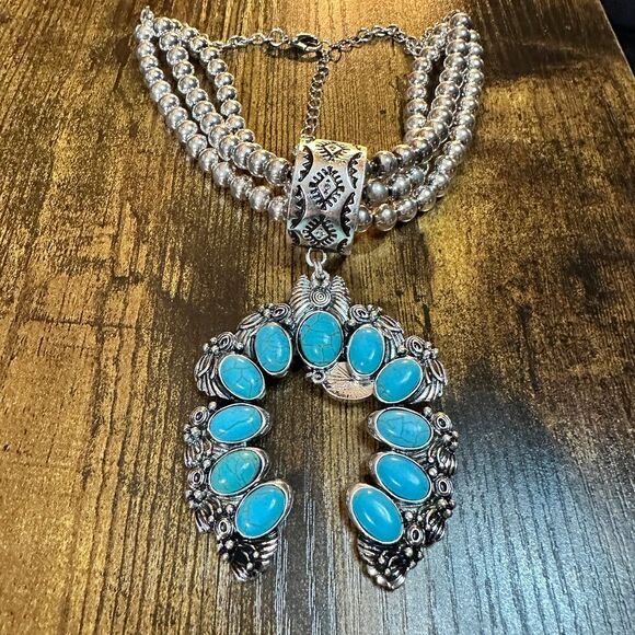 Large Squash Blossom Pendant Chunky Necklace and Earrings Set with Turquoise St - Picture 1 of 11